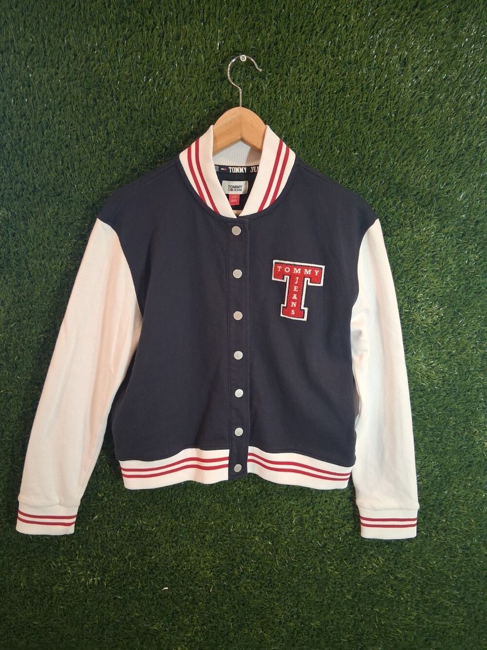 Tommy Jeans Women's Varsity Letterman Jacket Navy Blue White Size S/P Small